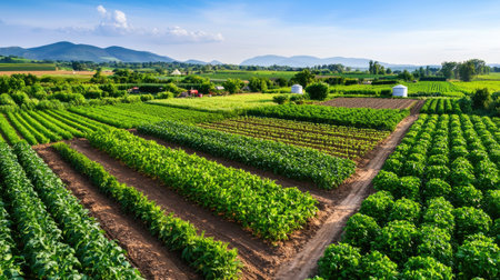 Aerial view of a vibrant agricultural landscape showcasing lush green fields and neatly arranged crops under a bright blue sky with distant mountains.の素材