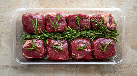 High-quality cuts of beef arranged beautifully with fresh rosemary sprigs. Perfect for culinary creations, this image showcases raw ingredients ready for cooking.の素材