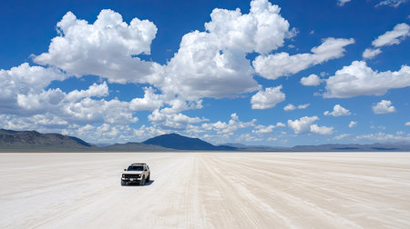 Art car silhouette rolling through dry playa with open horizon for textの素材