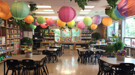 A vibrant classroom filled with colorful lanterns hanging from the ceiling, creating an inviting atmosphere for learning and creativity. Brightly arranged resources and decor enhance the educational environment.の素材