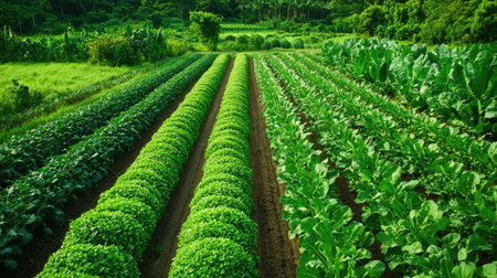 Captivating view of lush green vegetable fields showcasing well-tended rows of fresh crops thriving under sunlight, emphasizing sustainable farming practices.の素材
