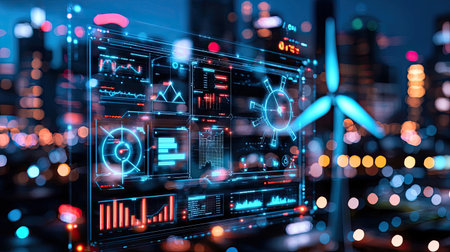 Explore a modern data analytics interface showcasing renewable energy trends. The image highlights a digital dashboard with visual elements related to wind power, emphasizing innovation in sustainability.の素材