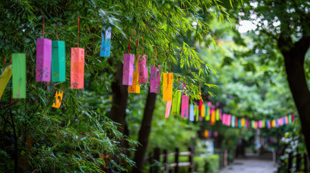 Colorful paper streamers create a vibrant display, swaying gently in a lush green park pathway. This scene embodies joy, celebration, and tranquility in nature.の素材