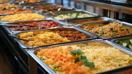 A vibrant buffet display filled with a wide variety of colorful dishes, featuring perfectly arranged rice, vegetables, and various cuisines ready for serving.の素材
