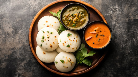 Experience authentic South Indian cuisine with this dish of idli served with flavorful chutney and sambar. Perfect for breakfast or a light meal!の素材