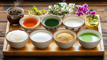 Explore a vibrant selection of ingredients for herbal tea, featuring fresh flowers, various blends, and healthy components arranged on a rustic wooden tray.の素材