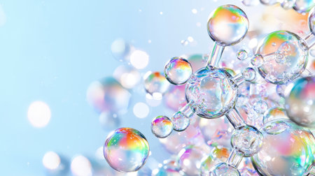 This vibrant image showcases colorful soap bubbles floating gracefully against a soft blue background, creating a playful and dreamy visual experience.の素材