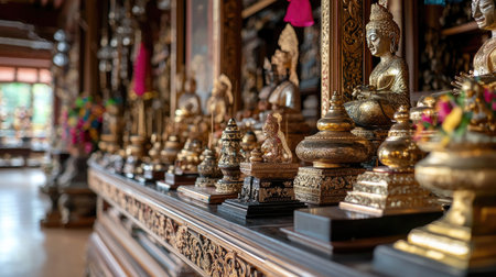 Discover a stunning collection of golden Buddha statues lined elegantly in a cultural temple. The intricate craftsmanship and serene ambiance reflect spiritual heritage and artistic beauty.の素材