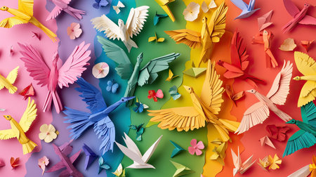 A vibrant arrangement of colorful paper birds and flowers creates a joyful scene, showcasing the artistry and creativity of handcrafted paper art on a radiant rainbow background.の素材