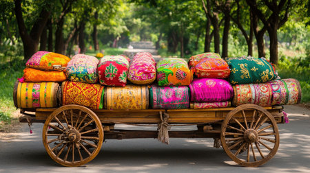 A rustic cart filled with colorful traditional cushions displays vibrant textiles in a scenic outdoor setting, showcasing culture and artistry in design.の素材
