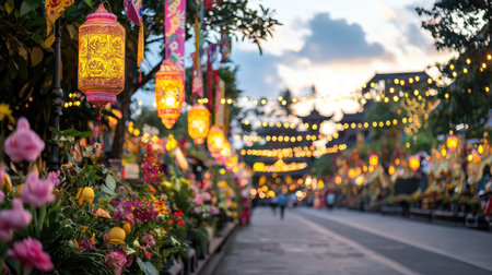 A picturesque street adorned with colorful lanterns and blooming flowers, creating a vibrant and festive atmosphere during a joyful celebration.の素材