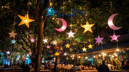 A vibrant outdoor scene showcasing colorful star and moon decorations hanging from trees, creating a festive and cozy atmosphere perfect for evening gatherings.の素材