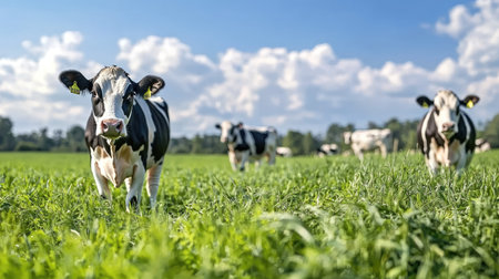 A serene scene of happy cows grazing in a lush green meadow under a bright blue sky, showcasing the beauty of rural agriculture and nature.の素材