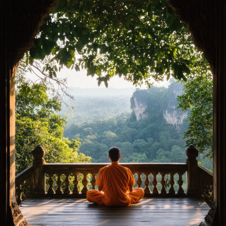 A monk sits in meditation on a wooden platform, surrounded by lush greenery. The serene landscape features distant mountains and gentle sunlight, embodying tranquility.の素材