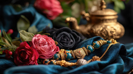 This captivating still life features a delicate arrangement of vintage jewelry, blooming flowers, and an ornate decorative pot, exuding luxury and elegance.の素材