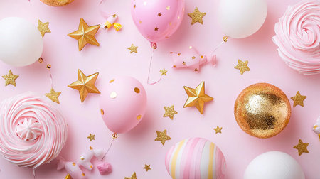 Colorful and festive decorations including balloons, sweets, and stars create a joyful atmosphere for any party celebration, perfect for joyful memories.の素材