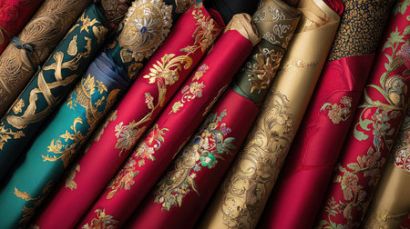 Discover a stunning collection of colorful embroidered fabrics arranged in rolls, showcasing intricate designs and high-quality craftsmanship perfect for creative projects.の素材