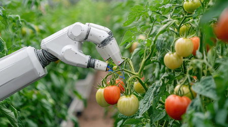 A robotic hand carefully picks ripe tomatoes in a greenhouse, showcasing the integration of technology in sustainable agriculture. This scene illustrates innovation in farming practices.の素材