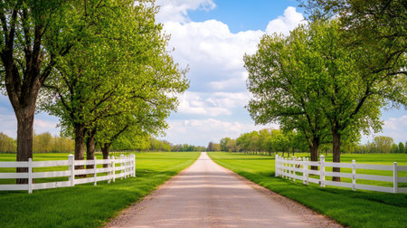 A beautiful country road lined with vibrant green trees and white fences. This peaceful and picturesque scene captures the essence of rural serenity and open spaces.の素材