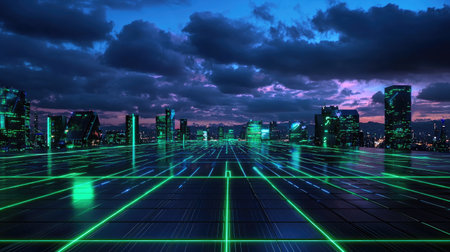 Discover a stunning futuristic city landscape showcasing a neon grid under a vibrant night sky, perfect for projects needing a modern and imaginative urban theme.の素材