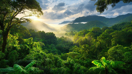 A breathtaking view of a vibrant jungle at sunrise, highlighting the lush greenery and misty mountains in the background. The soft light creates a serene atmosphere.の素材