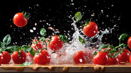 Red-stained water splashing during tomato fight, action shot with space for wordsの素材