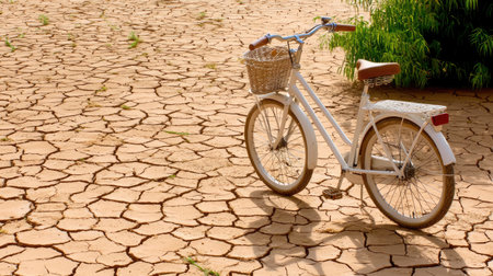 Vibrant art bike parked on dry cracked earth, minimal clean designの素材