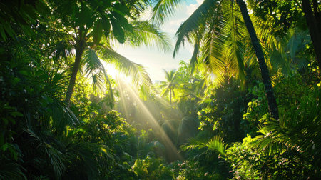 A breathtaking view of a tropical jungle with vibrant green foliage and sunlight illuminating the scene, creating a peaceful and refreshing atmosphere.の素材