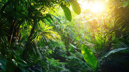 This captivating image depicts a lush green jungle landscape enhanced by sunlight filtering through dense tropical foliage, creating a serene atmosphere.の素材