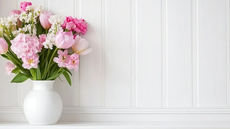 A beautiful arrangement of pink flowers in a white vase creates a refreshing and serene atmosphere in a simple indoor setting, perfect for home decor.の素材