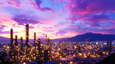 A breathtaking industrial landscape at dusk showcases illuminated structures against a vibrant sky. This captivating scene captures the essence of urban development and energy production.の素材