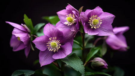 Captivating close-up of delicate purple flowers showcasing vibrant petals and contrasting yellow centers. Ideal for nature-themed projects or floral decor.の素材