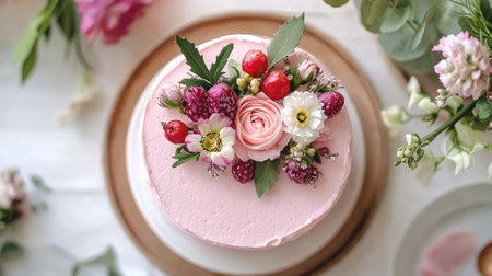 This stunning pink cake, beautifully decorated with fresh flowers and berries, is perfect for celebrations. It adds elegance to any festive occasion.の素材