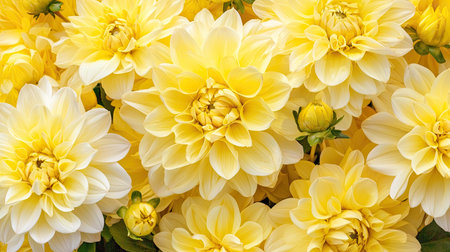 A stunning display of bright yellow flowers, showcasing their intricate petals and lush greenery, perfect for conveying natural beauty and freshness.の素材