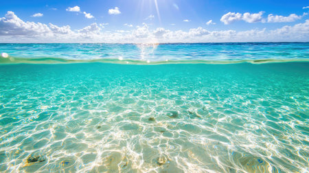 Experience the beauty of a tropical ocean with crystal clear water illuminated by bright sunlight, creating a serene and inviting atmosphere perfect for relaxation.の素材