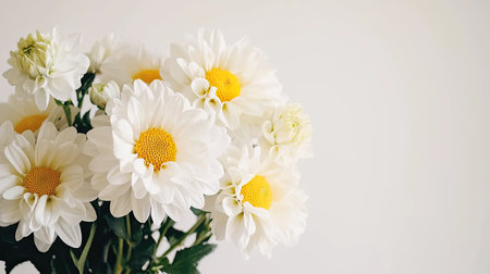 A beautiful arrangement of fresh white daisies with striking yellow centers, set against a minimalist background, symbolizing tranquility and natural beauty.の素材