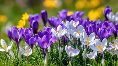 A stunning display of crocuses in various shades of purple and white blooms in a lush meadow, embodying the beauty and vibrance of springtime.の素材
