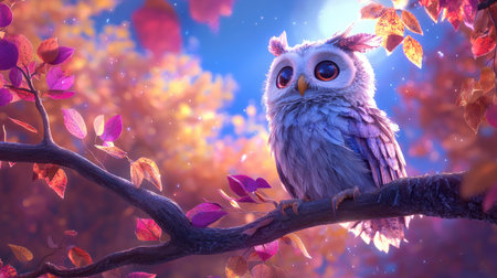 A charming owl rests on a tree branch, framed by vivid autumn leaves in a mystical setting. The stunning colors create a serene and enchanting atmosphere, ideal for nature lovers.の素材