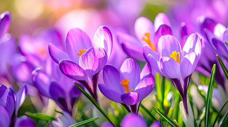 An enchanting display of crocus flowers in full bloom, showcasing vibrant purple and yellow hues. Perfect for spring-themed projects or nature-inspired designs.の素材