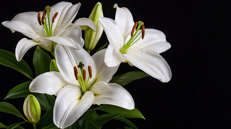 A stunning arrangement of elegant white lilies showcases their delicate petals and fresh green buds against a striking black background, perfect for nature enthusiasts.の素材