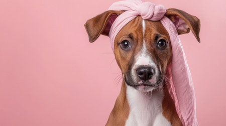 A charming puppy with expressive eyes and a pink headband sits against a soft pink background, radiating warmth and playfulness in a delightful portrait.の素材