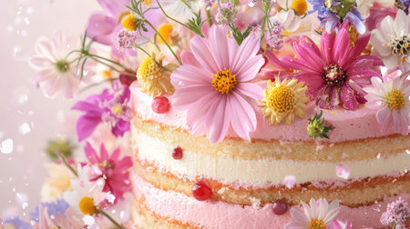 A stunning cake adorned with fresh edible flowers brings a vibrant touch to any celebration. Perfect for birthdays or special events!の素材