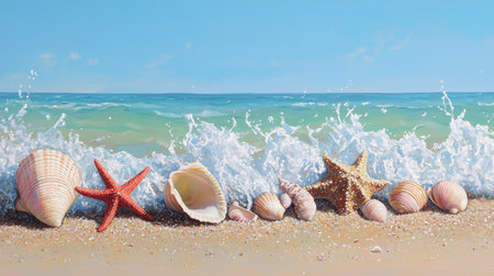 A vibrant collection of seashells and starfish rests on a sandy beach, framed by gentle ocean waves under a clear blue sky, evoking serene summer moods.の素材