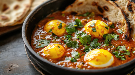 A vibrant dish featuring golden eggs nestled in a spicy tomato sauce, garnished with fresh herbs and served with warm bread, perfect for any meal.の素材