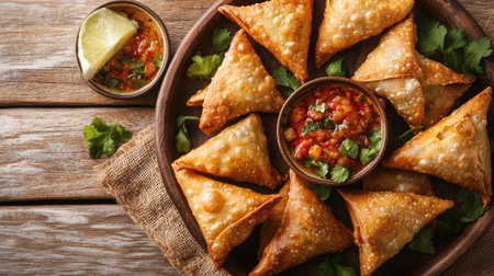 A vibrant arrangement of crispy samosas on a rustic wooden table. Served with a spicy dipping sauce and fresh lime, perfect for sharing.の素材