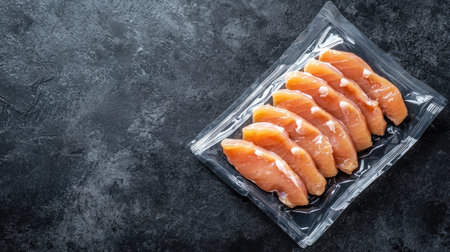 Fresh chicken fillets vacuum packed on a dark background, ideal for culinary use. Perfect for meal prep or restaurant dishes, showcasing raw protein.の素材