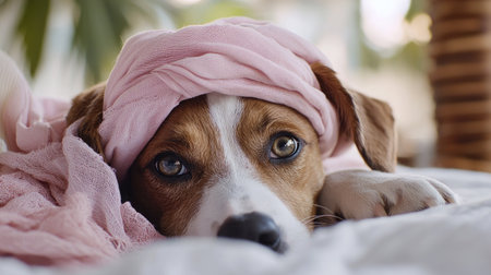 A relaxed beagle dog wearing a pink headband lies on a soft blanket at home, showcasing an adorable and playful expression in natural light.の素材