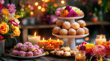 A beautiful dessert table featuring assorted pastries and flowers, paired with soft candlelight. Perfect for gatherings, celebrations, or events that celebrate sweetness and joy.の素材