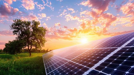 A picturesque sunset illuminating solar panels in a serene green field, accompanied by a lone tree, showcasing the harmony between nature and renewable energy.の素材