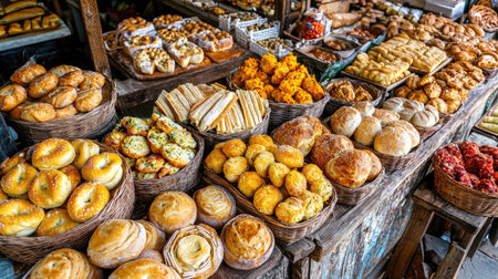 A vibrant assortment of freshly baked pastries and bread beautifully arranged in baskets at a local market stall. Perfect for culinary enthusiasts.の素材